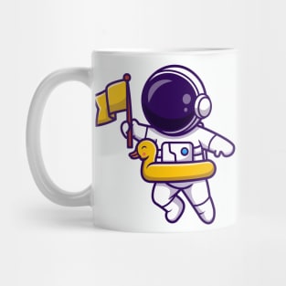 Astronaut Bring Flag And Floating With Duck Tires Cartoon Mug